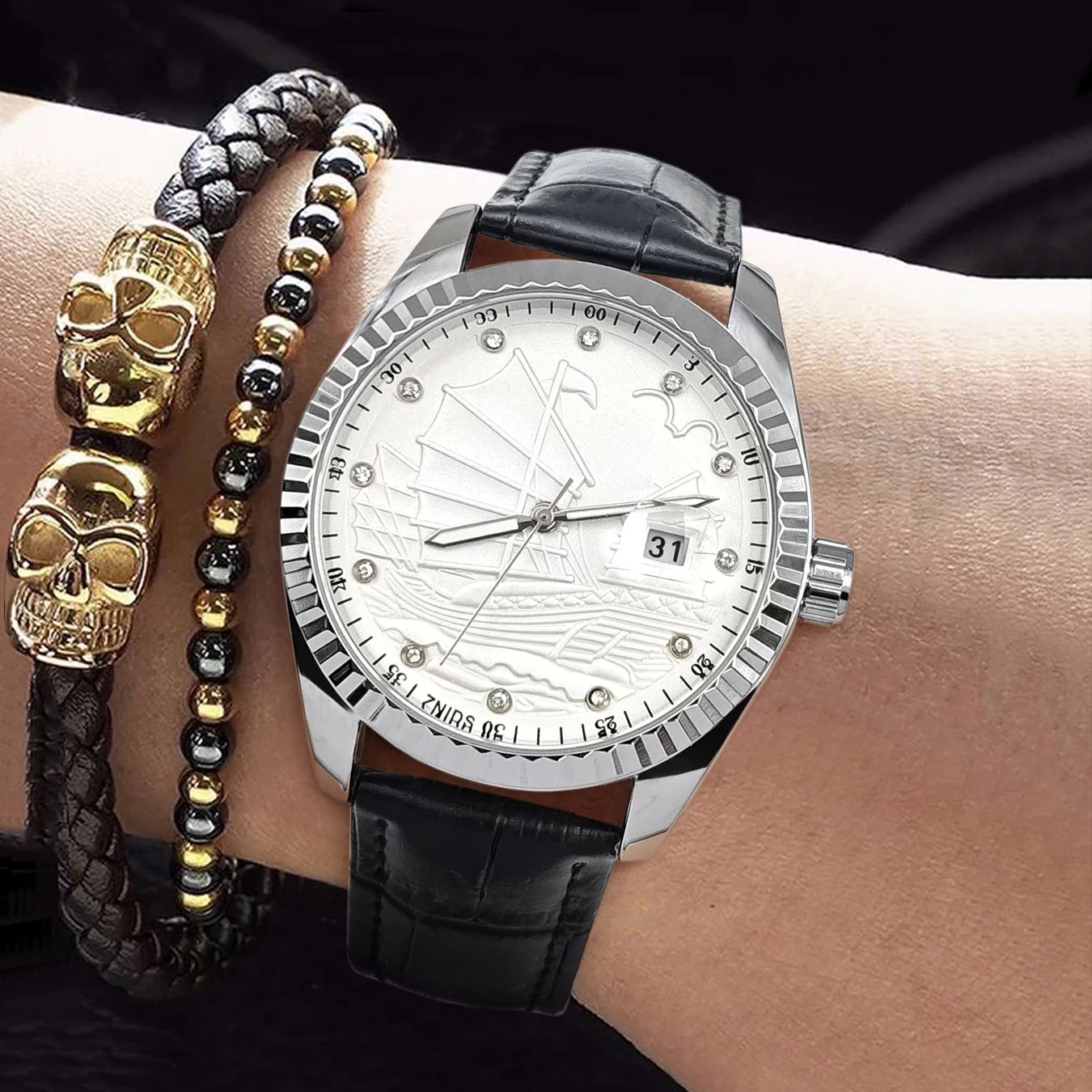 Smartwatch Watches Best Gift For Men - ヨーロッパとアメリカのスタイルのヨットシリーズの高級高級メンズ腕時計、新しいダイアリーシリーズのファッショナブルなビジネスカジュアル、シンプルでユニークなソーシャルガイのトレンディなメンズ腕時計、夜光防水カレンダー付きレザーストラップ腕時計、彼への最高の贈り物