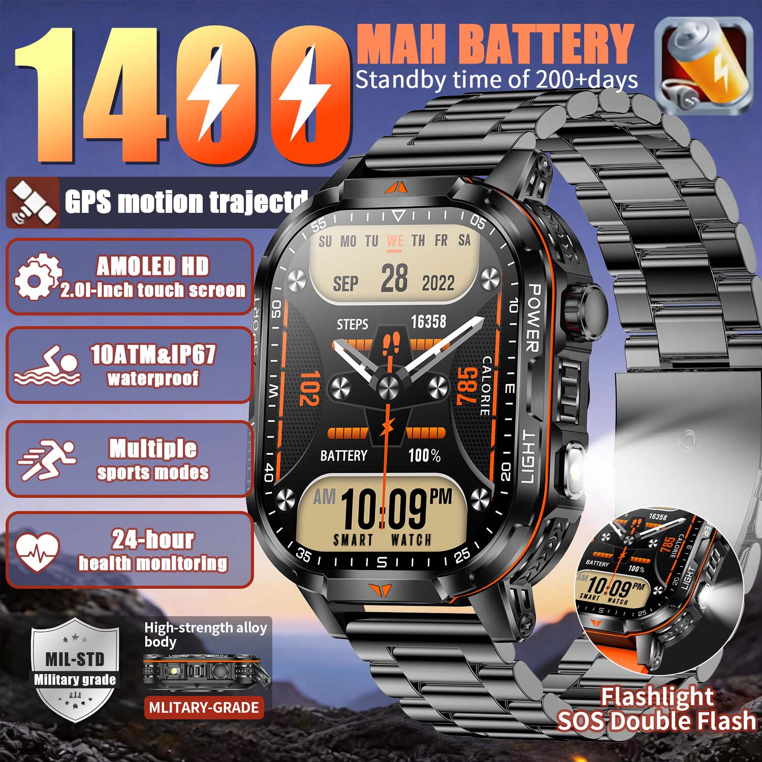 French Connection Watches Smartwatch App - 2026年新型ミリタリー1400mAhバッテリー搭載スマートウォッチ 2.01インチAMOLED 10ATM防水スポーツGPSトラッキングスマートウォッチ メンズ Android/iOS対応